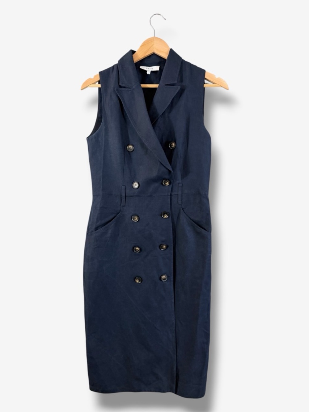 REISS Navy Blue Dana Dress Size 6 Linen Blend Double Breasted Sheath Minimalist